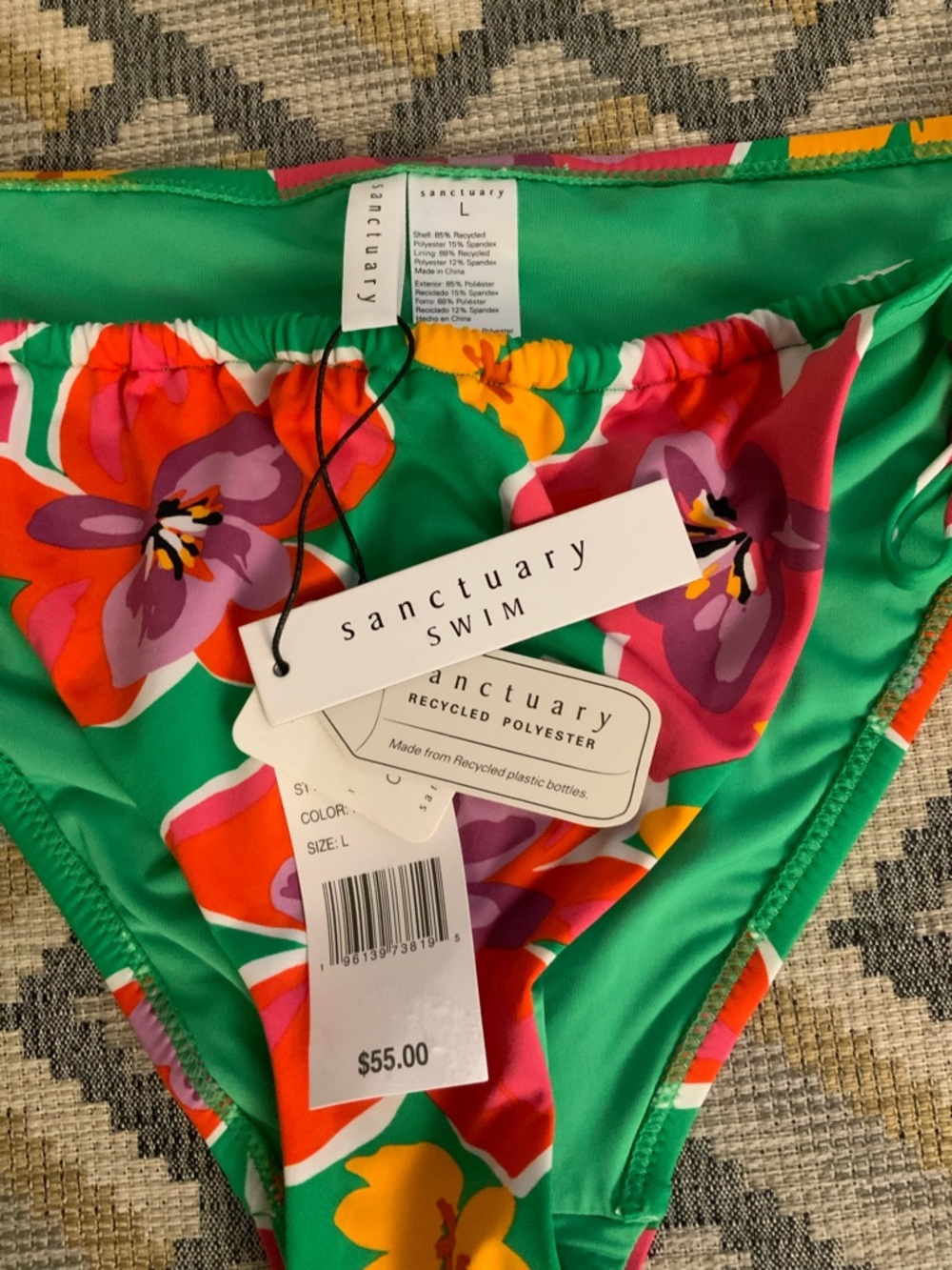 Sanctuary Green Floral Swim Bottoms with Pink, Orange & Purple Flowers